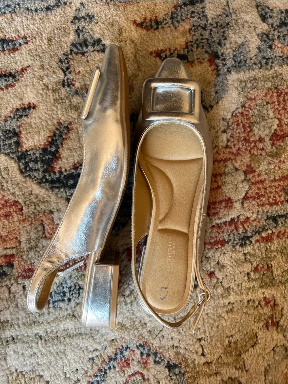 Chinese Laundry Silver Slingback Loafers with Square Buckle